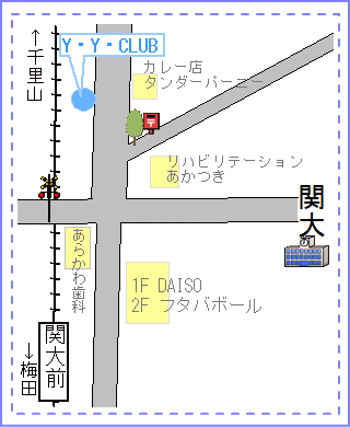 オーダーメイドのワイワイクラブの地図。阪急北千里線の関大前駅から徒歩5分。